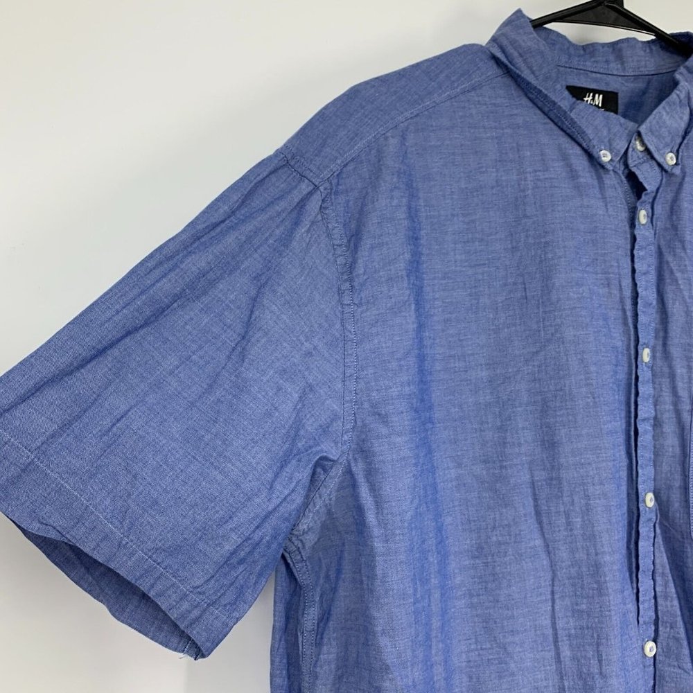H&M Mens Shirt Regular Fit Blue Button Down Short Sleeve Oxford - Picture 3 of 10